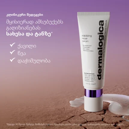 stabilizing repair serum კლინიკური შედეგები: 30 წუთში შვება, 5 დღეში ნაკლები სიწითლე და სიმშრალე